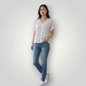 Melloday Grid Print Blouse XL White Black Windowpane V-Neck Short Sleeve Top New